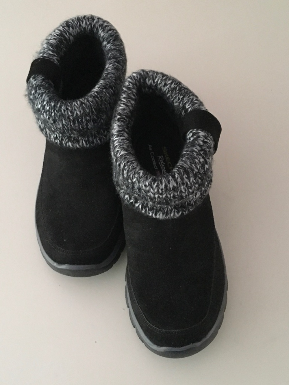 Skechers Black Suede Ankle Booties with Gray Knit Cuff